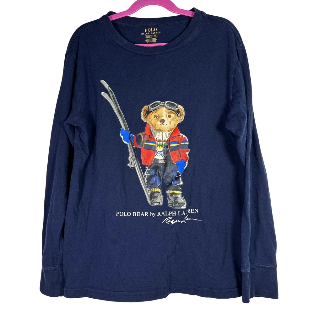 Polo Ralph Lauren Boys Navy Blue Skiing Polo Bear Long Sleeve Graphic Tee Size M